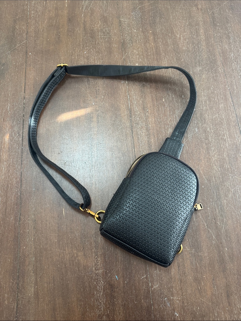 Black Woven Crossbody Bag with Gold Hardware